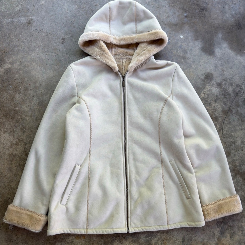 Marvin Richards Womens Cream Faux Shearling Hooded Zip Jacket Coat Beige Large